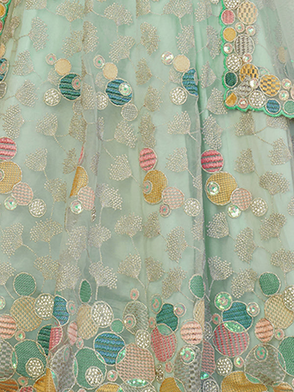 Turquoise Net Embroidered Semi stitched Lehenga With Unstitched blouse Clothsvilla