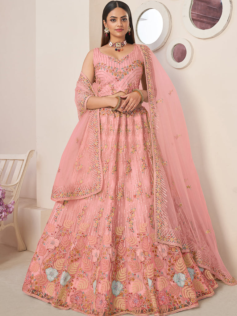 Pink Net Embroidered Semi stitched Lehenga With Unstitched blouse Clothsvilla