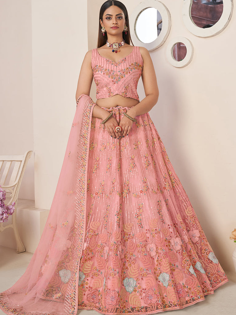 Pink Net Embroidered Semi stitched Lehenga With Unstitched blouse Clothsvilla