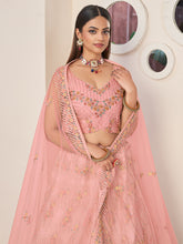 Load image into Gallery viewer, Pink Net Embroidered Semi stitched Lehenga With Unstitched blouse Clothsvilla