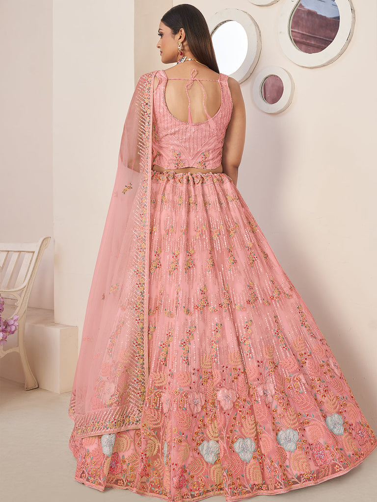 Pink Net Embroidered Semi stitched Lehenga With Unstitched blouse Clothsvilla