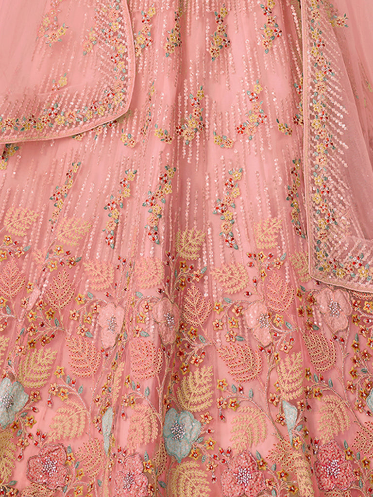 Pink Net Embroidered Semi stitched Lehenga With Unstitched blouse Clothsvilla