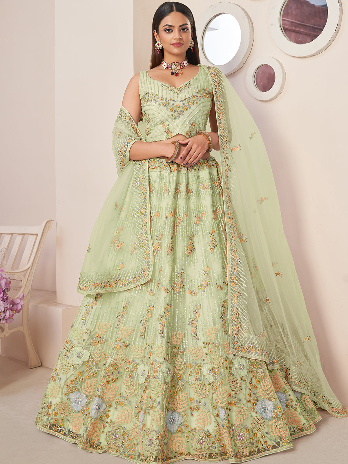 Green Net Embroidered Semi stitched Lehenga With Unstitched blouse Clothsvilla Main image
