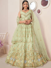 Load image into Gallery viewer, Green Net Embroidered Semi stitched Lehenga With Unstitched blouse Clothsvilla