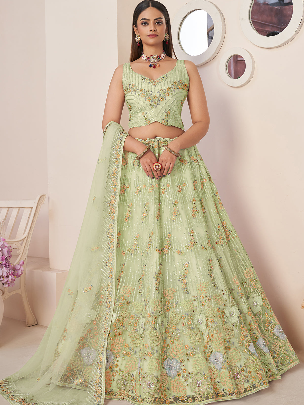Green Net Embroidered Semi stitched Lehenga With Unstitched blouse Clothsvilla