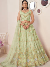 Load image into Gallery viewer, Green Net Embroidered Semi stitched Lehenga With Unstitched blouse Clothsvilla