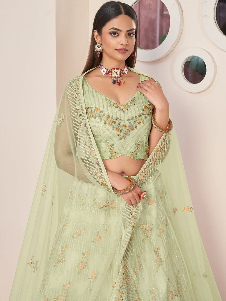 Green Net Embroidered Semi stitched Lehenga With Unstitched blouse Clothsvilla