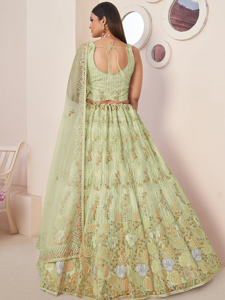 Green Net Embroidered Semi stitched Lehenga With Unstitched blouse Clothsvilla