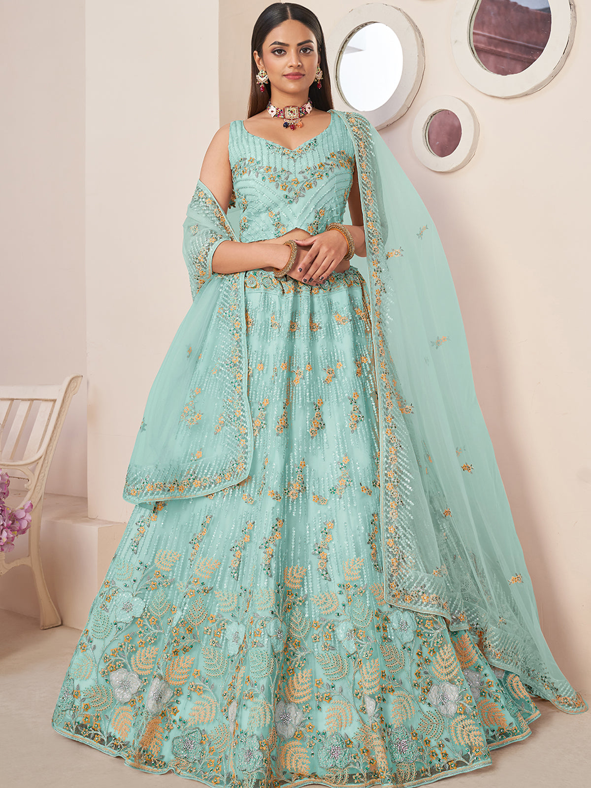 Sky Blue Net Embroidered Semi stitched Lehenga With Unstitched blouse Clothsvilla