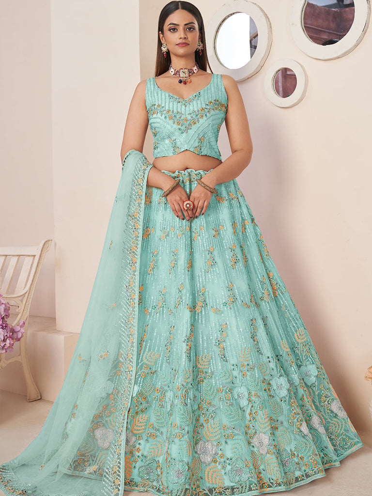 Sky Blue Net Embroidered Semi stitched Lehenga With Unstitched blouse Clothsvilla