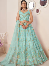 Load image into Gallery viewer, Sky Blue Net Embroidered Semi stitched Lehenga With Unstitched blouse Clothsvilla