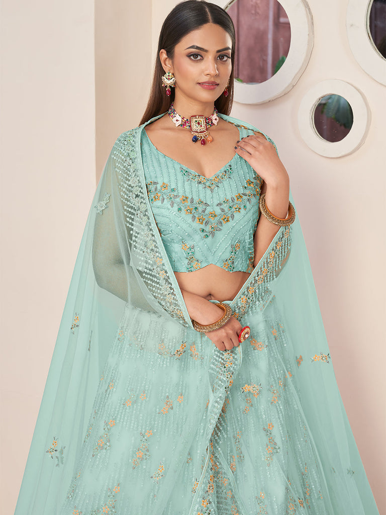 Sky Blue Net Embroidered Semi stitched Lehenga With Unstitched blouse Clothsvilla