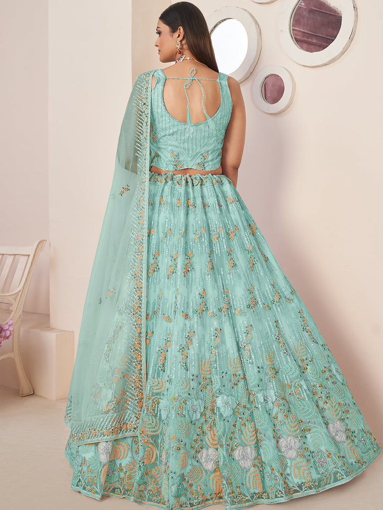 Sky Blue Net Embroidered Semi stitched Lehenga With Unstitched blouse Clothsvilla