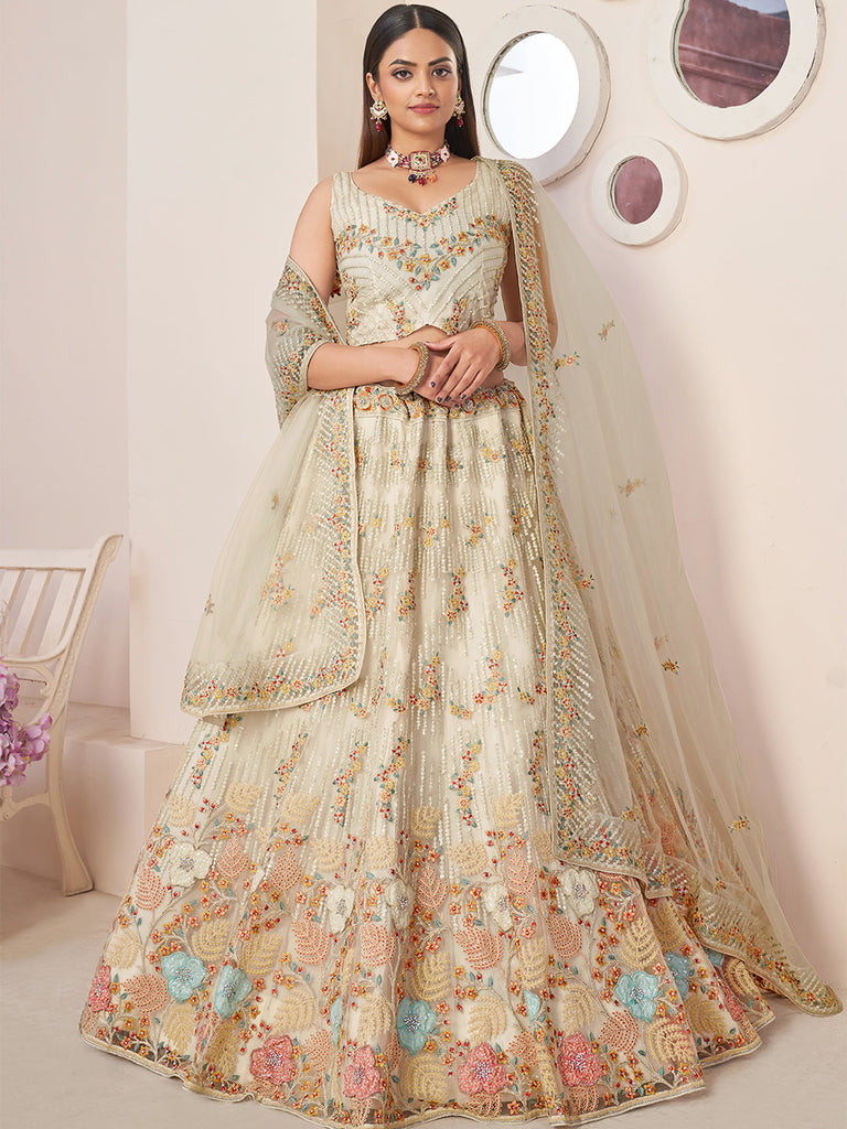 Cream Net Embroidered Semi stitched Lehenga With Unstitched blouse Clothsvilla