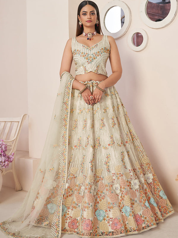 Cream Net Embroidered Semi stitched Lehenga With Unstitched blouse Clothsvilla