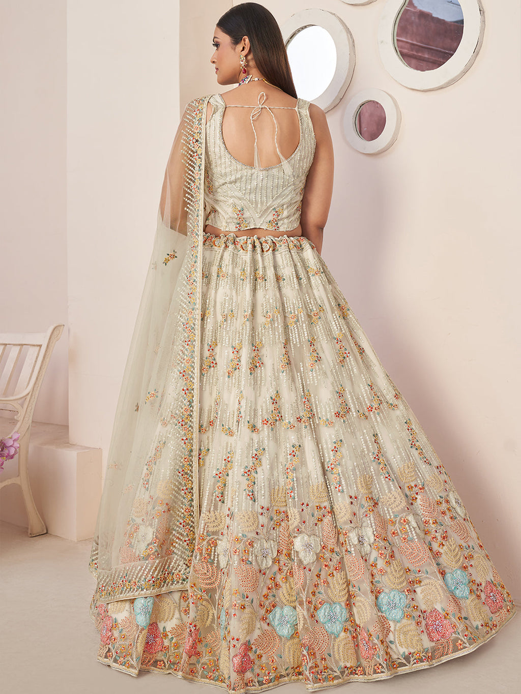 Cream Net Embroidered Semi stitched Lehenga With Unstitched blouse Clothsvilla