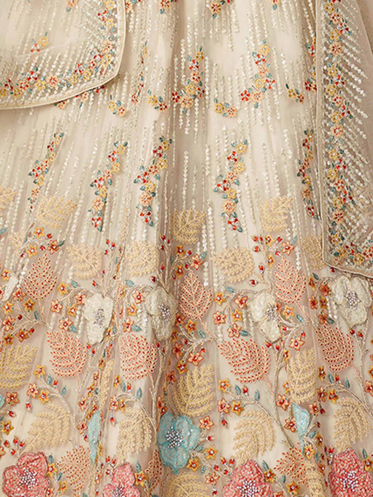 Cream Net Embroidered Semi stitched Lehenga With Unstitched blouse Clothsvilla