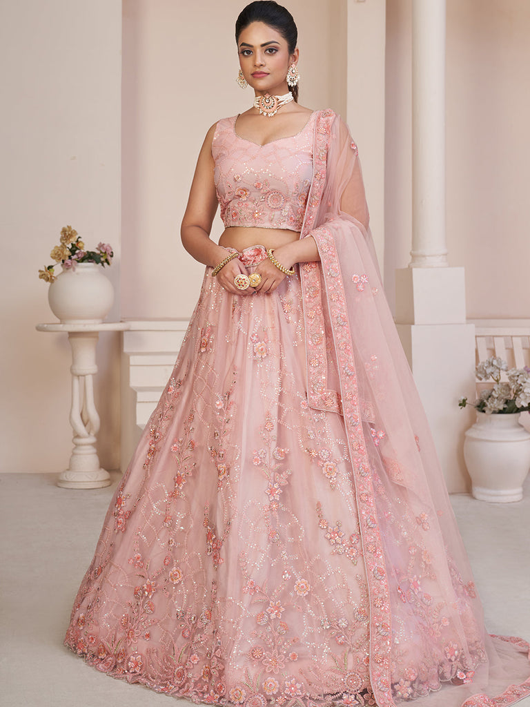 Pink Net Embroidered Semi stitched Lehenga With Unstitched blouse Clothsvilla