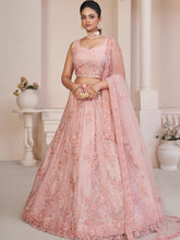 Load image into Gallery viewer, Pink Net Embroidered Semi stitched Lehenga With Unstitched blouse Clothsvilla