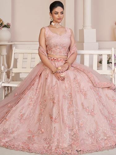 Pink Net Embroidered Semi stitched Lehenga With Unstitched blouse Clothsvilla
