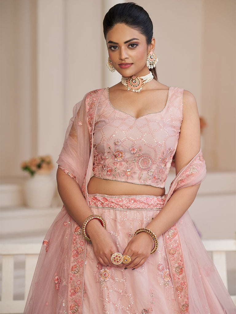 Pink Net Embroidered Semi stitched Lehenga With Unstitched blouse Clothsvilla