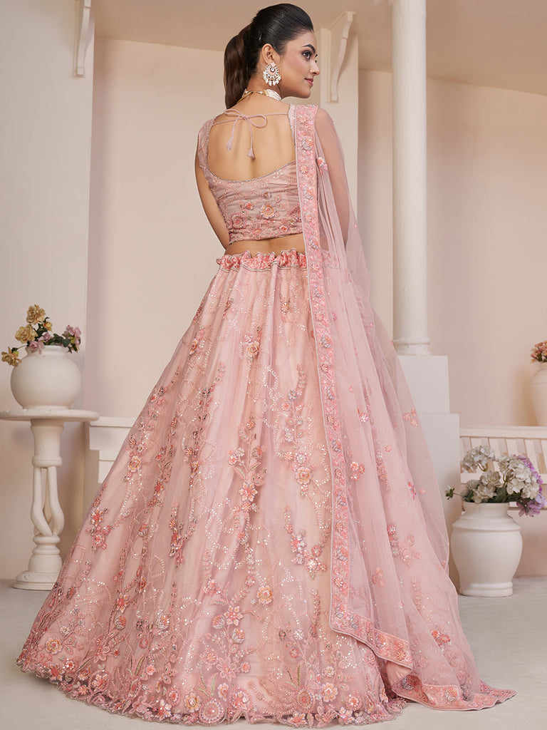 Pink Net Embroidered Semi stitched Lehenga With Unstitched blouse Clothsvilla