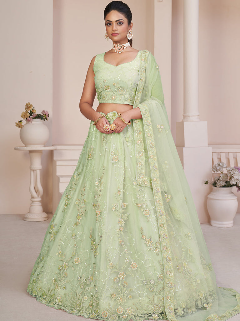 Green Net Embroidered Semi stitched Lehenga With Unstitched blouse Clothsvilla