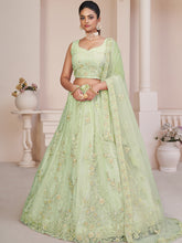 Load image into Gallery viewer, Green Net Embroidered Semi stitched Lehenga With Unstitched blouse Clothsvilla