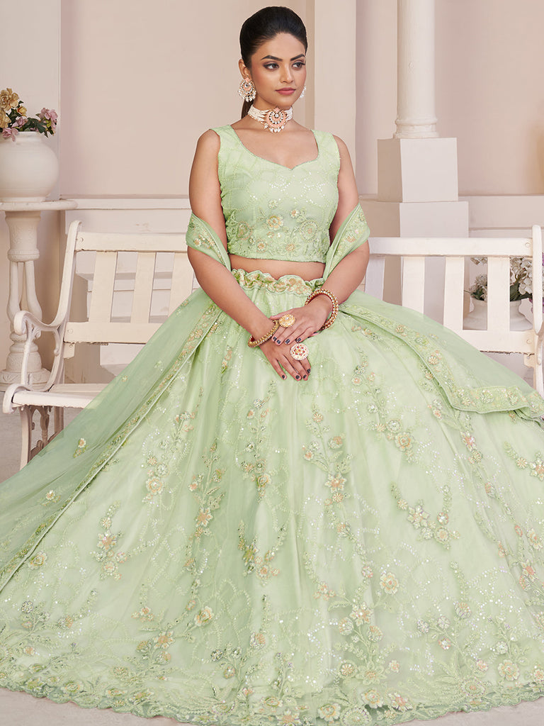 Green Net Embroidered Semi stitched Lehenga With Unstitched blouse Clothsvilla