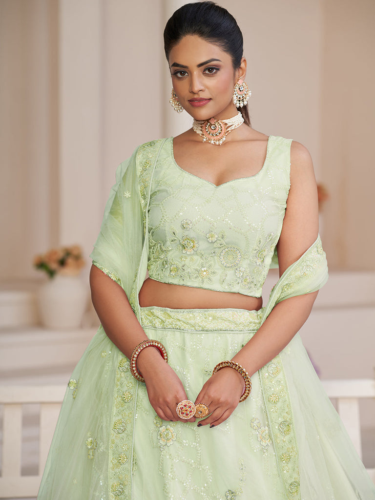 Green Net Embroidered Semi stitched Lehenga With Unstitched blouse Clothsvilla