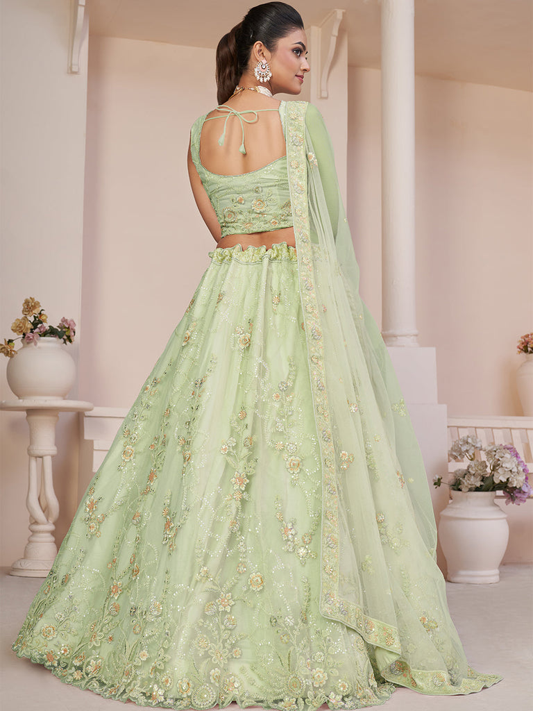 Green Net Embroidered Semi stitched Lehenga With Unstitched blouse Clothsvilla