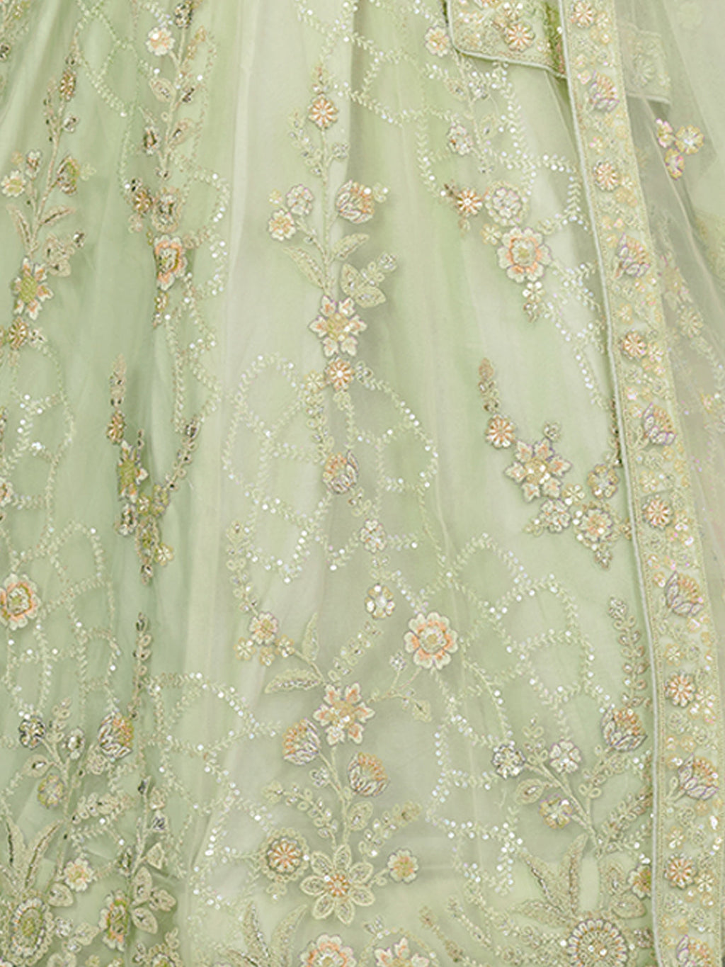 Green Net Embroidered Semi stitched Lehenga With Unstitched blouse Clothsvilla