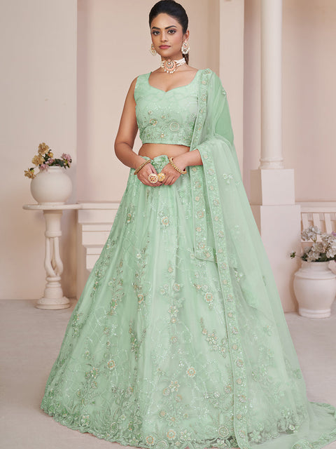 Turquoise Net Embroidered Semi stitched Lehenga With Unstitched blouse Clothsvilla Main image