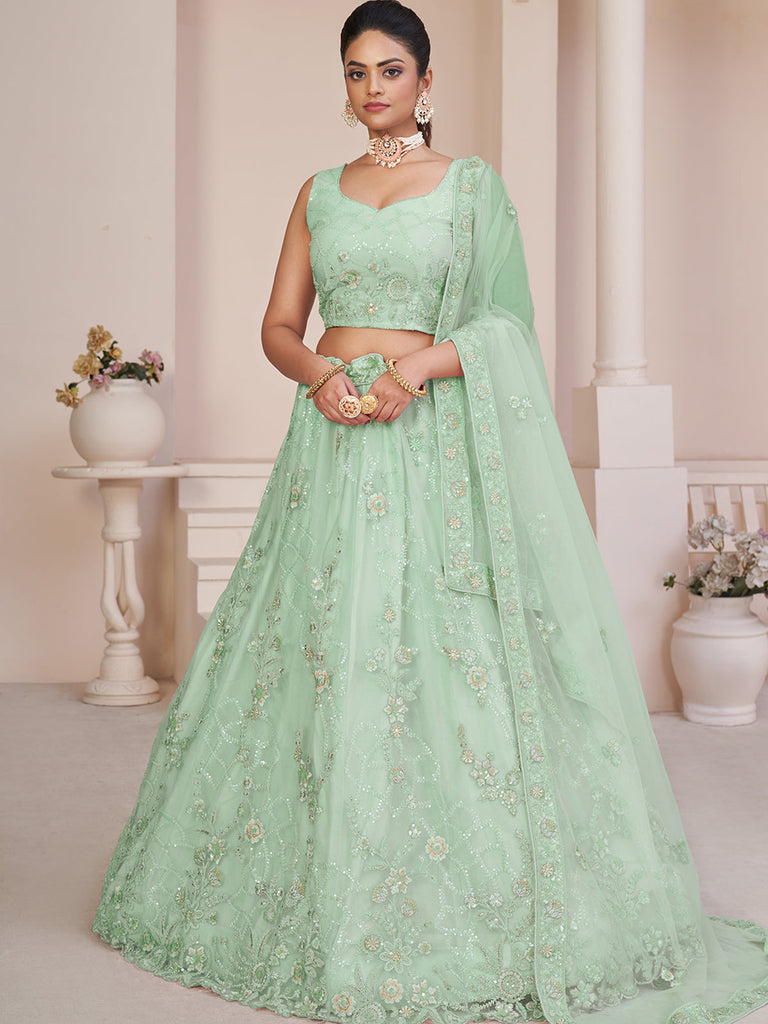 Turquoise Net Embroidered Semi stitched Lehenga With Unstitched blouse Clothsvilla