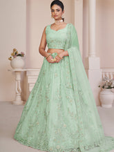 Load image into Gallery viewer, Turquoise Net Embroidered Semi stitched Lehenga With Unstitched blouse Clothsvilla