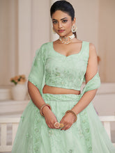 Load image into Gallery viewer, Turquoise Net Embroidered Semi stitched Lehenga With Unstitched blouse Clothsvilla