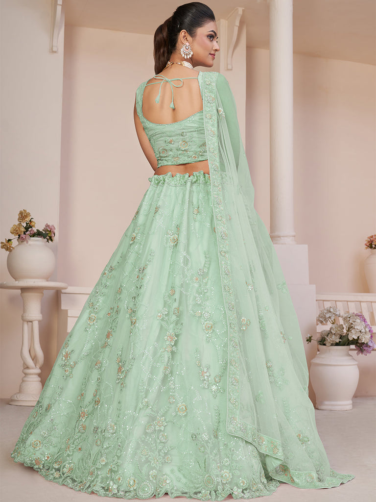 Turquoise Net Embroidered Semi stitched Lehenga With Unstitched blouse Clothsvilla