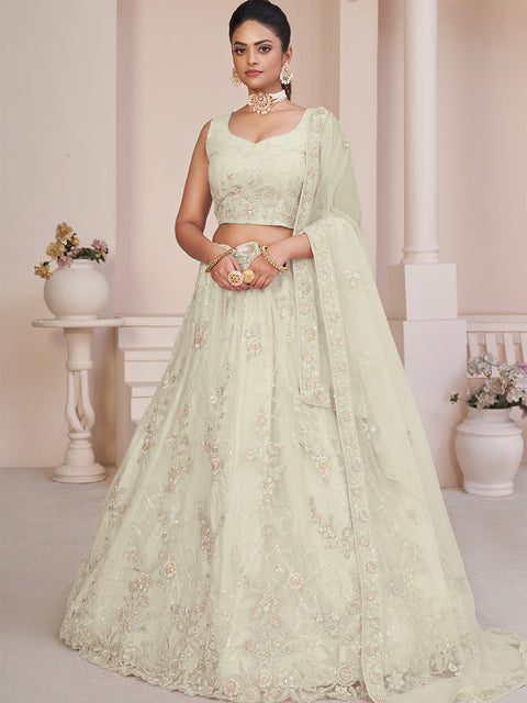 White Net Embroidered Semi stitched Lehenga With Unstitched blouse Clothsvilla Main image