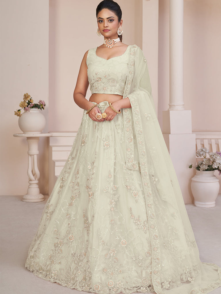 White Net Embroidered Semi stitched Lehenga With Unstitched blouse Clothsvilla