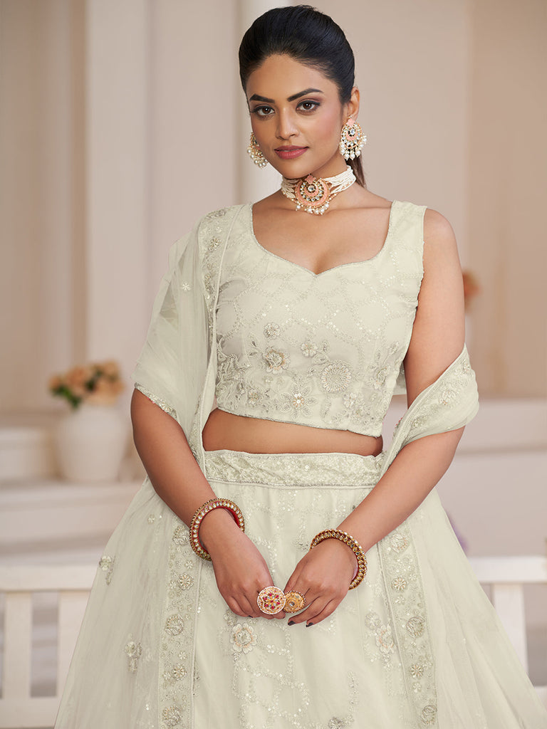 White Net Embroidered Semi stitched Lehenga With Unstitched blouse Clothsvilla