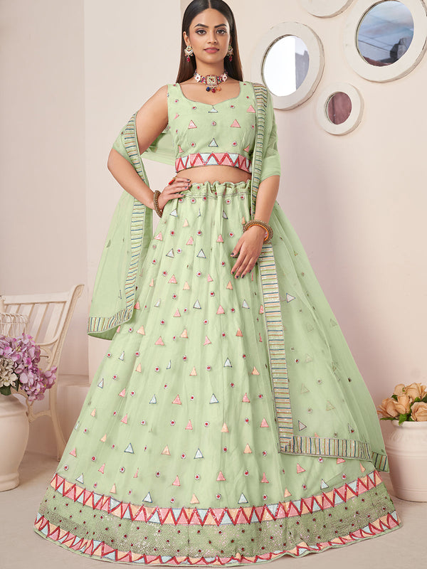 Green Net Embellished Semi stitched Lehenga With Unstitched blouse Clothsvilla