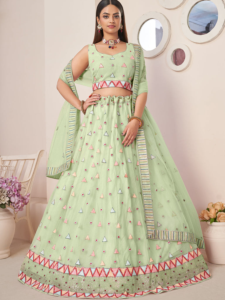 Green Net Embellished Semi stitched Lehenga With Unstitched blouse Clothsvilla