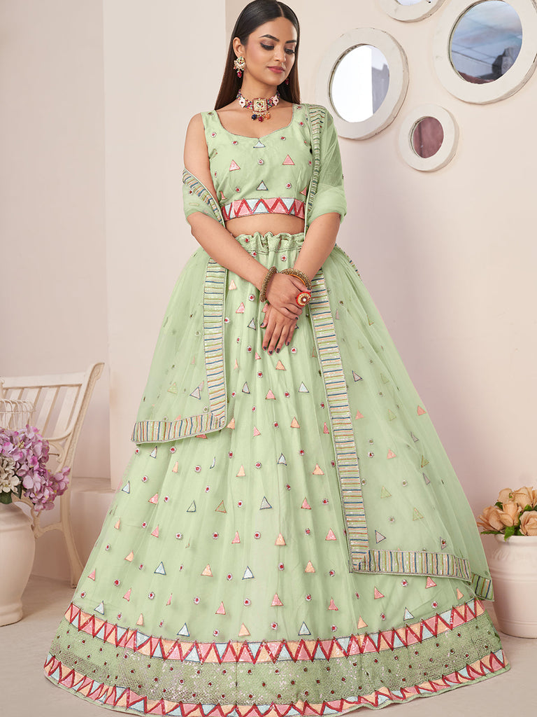 Green Net Embellished Semi stitched Lehenga With Unstitched blouse Clothsvilla