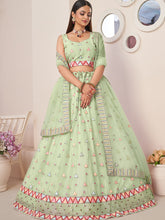 Load image into Gallery viewer, Green Net Embellished Semi stitched Lehenga With Unstitched blouse Clothsvilla