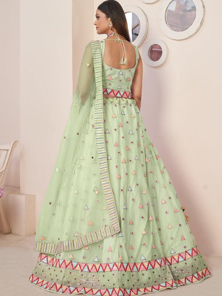 Green Net Embellished Semi stitched Lehenga With Unstitched blouse Clothsvilla