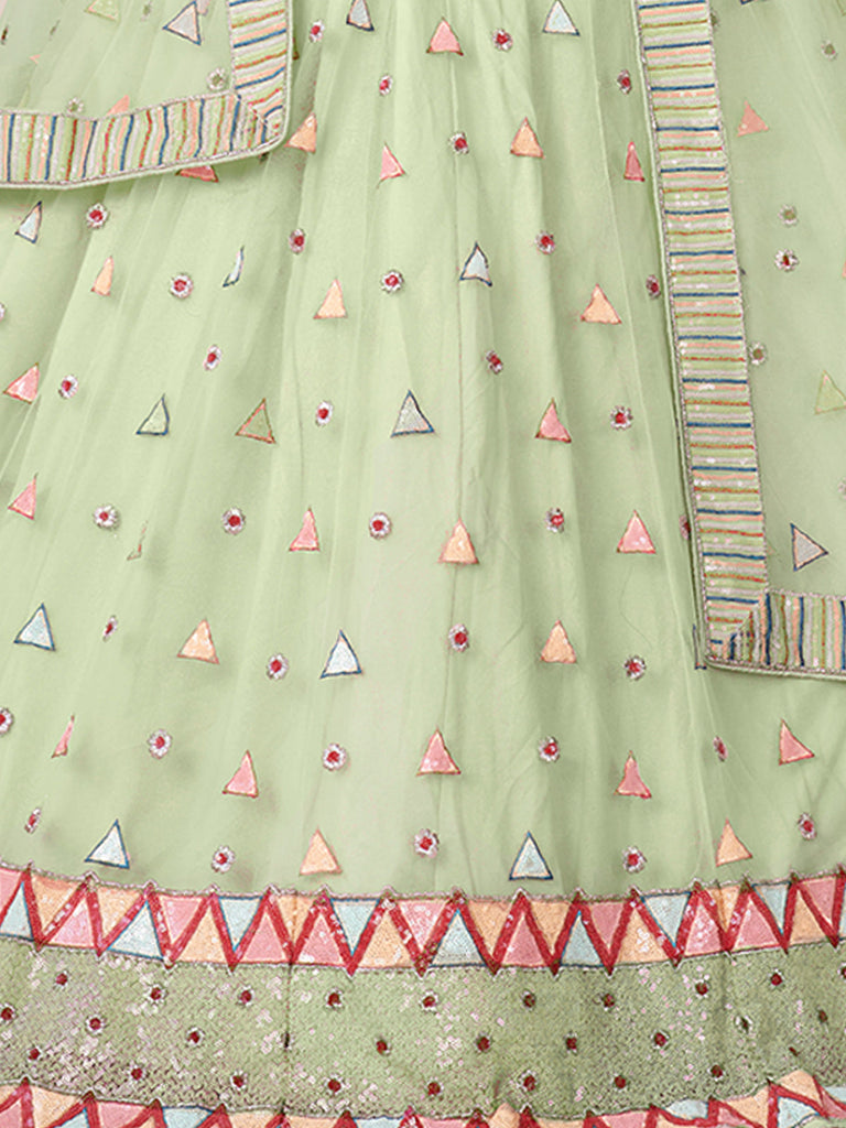 Green Net Embellished Semi stitched Lehenga With Unstitched blouse Clothsvilla