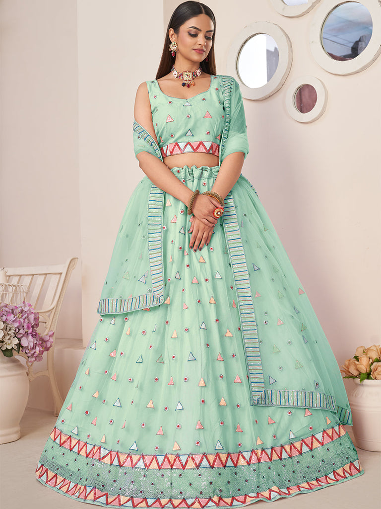 Turquoise Net Embellished Semi stitched Lehenga With Unstitched blouse Clothsvilla