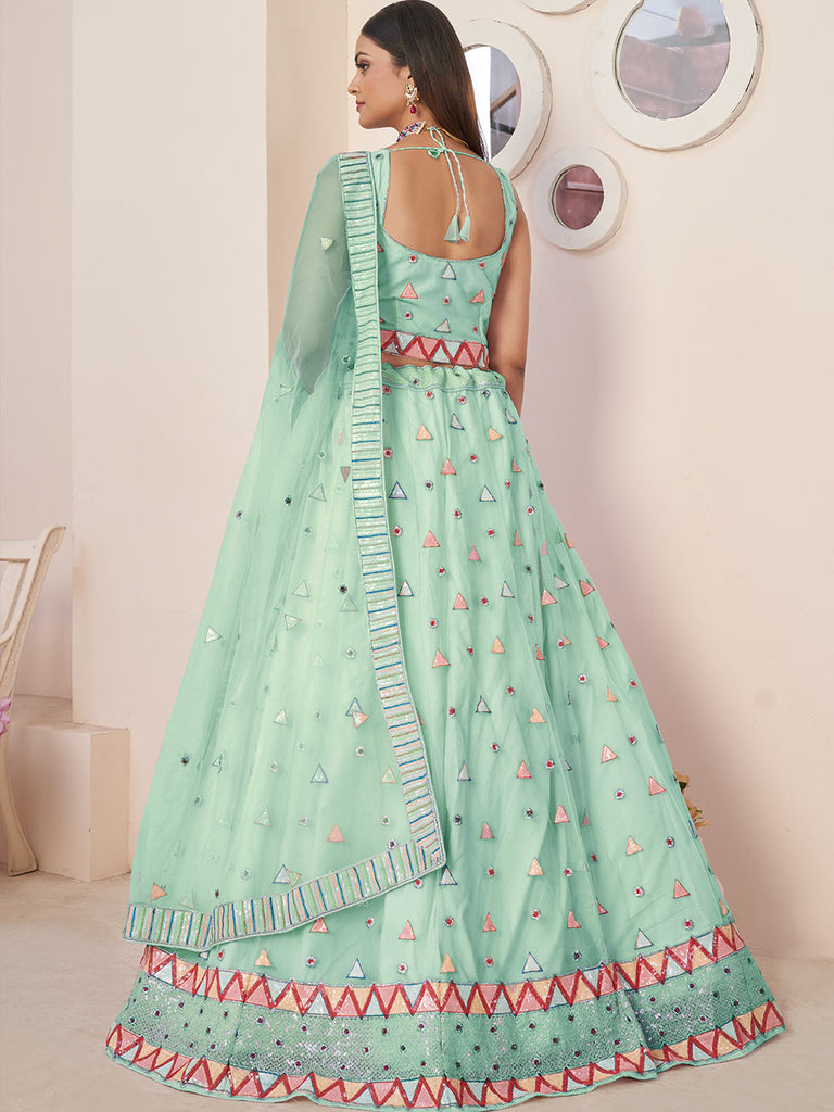 Turquoise Net Embellished Semi stitched Lehenga With Unstitched blouse Clothsvilla