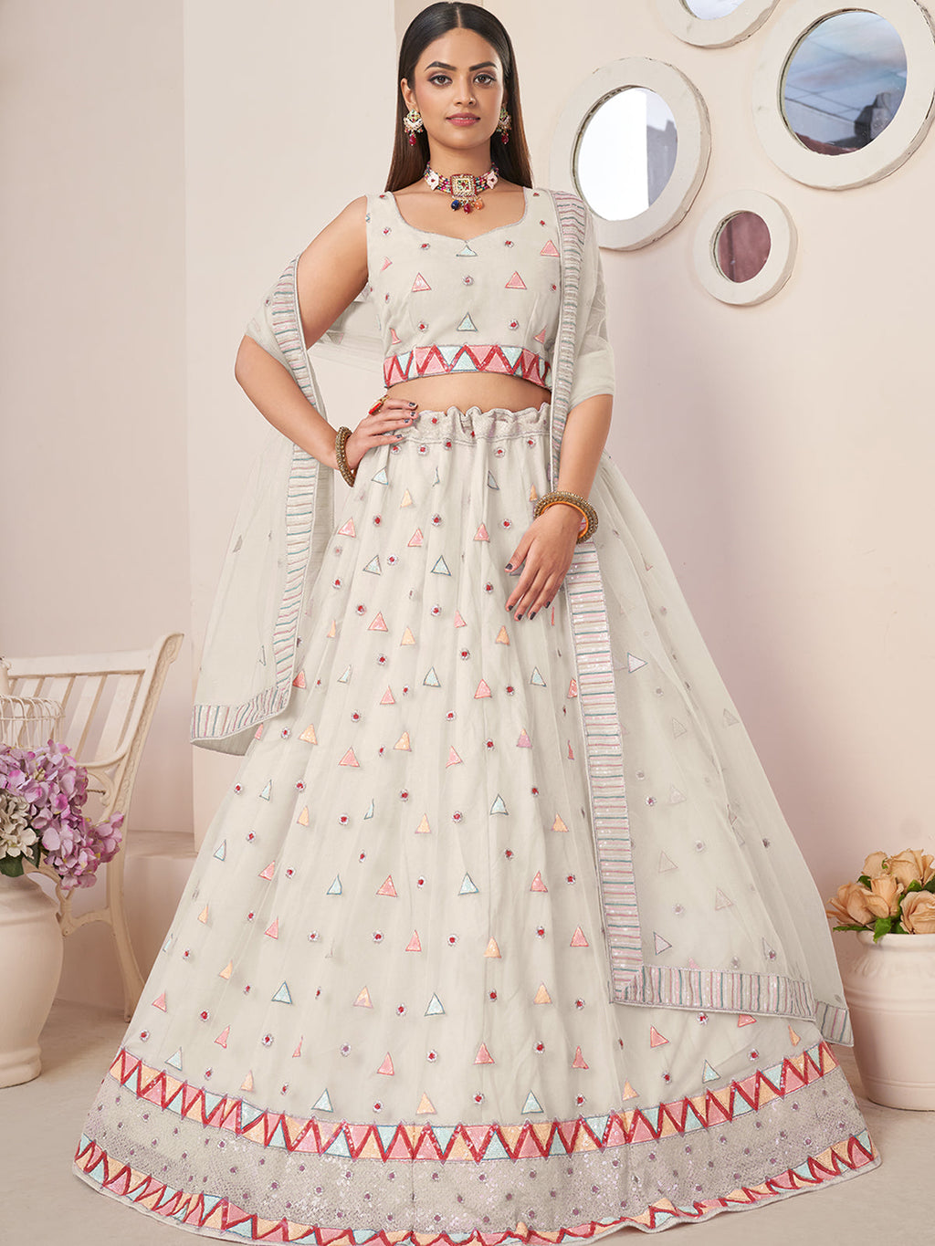 White Net Embellished Semi stitched Lehenga With Unstitched blouse Clothsvilla