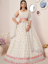 Load image into Gallery viewer, White Net Embellished Semi stitched Lehenga With Unstitched blouse Clothsvilla